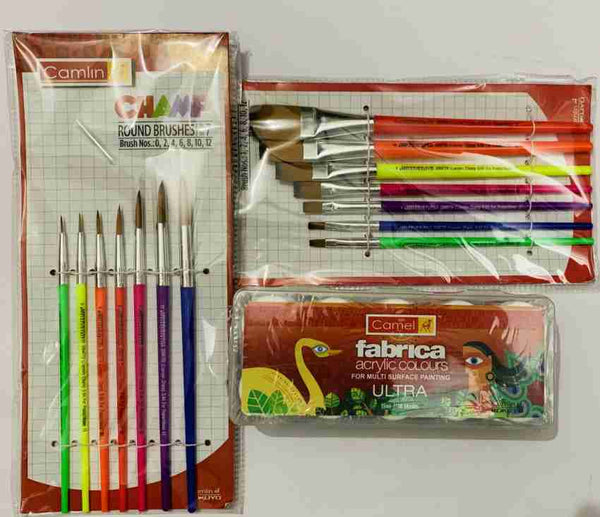 Camlin Fabric Acrylic Colours + Round (set 7) Brushes + Flat (set 7) Brushes