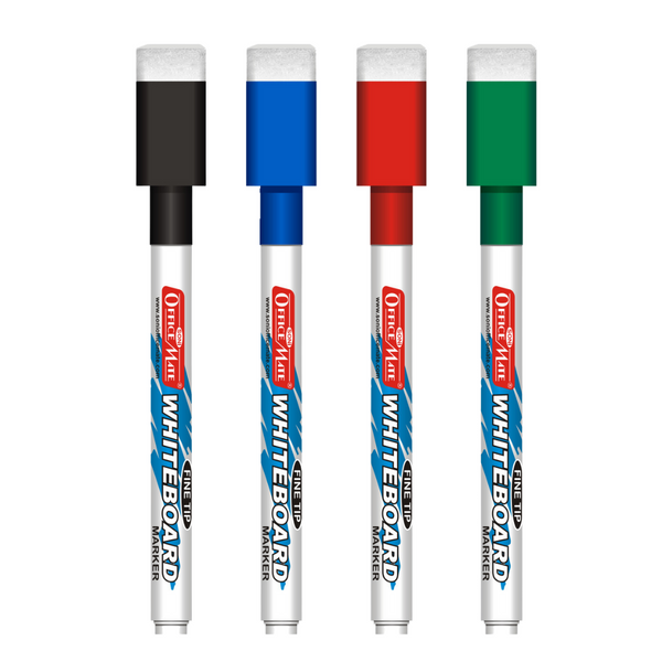 Soni Officemate Fine Tip Whiteboard Marker with Duster On Cap - Pack of 4 (Assorted colour)