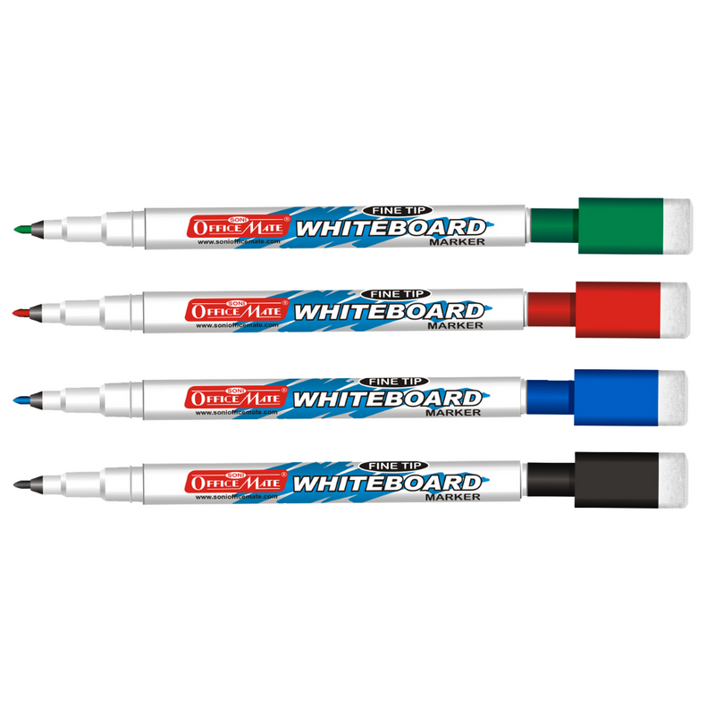 Soni Officemate Fine Tip Whiteboard Marker with Duster On Cap - Pack of 4 (Assorted colour)