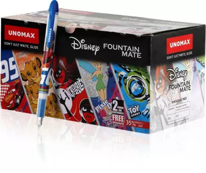 UNOMAX Fountain Mate Disney Toons(2pc Blister Card Each with 2 Free Jumbo Cartridges- Disney Cars, Lion King, Toy Story, The Incredible, Tinker Bell) Fountain Pen (Pack of 10, Ink Color - Multicolor)