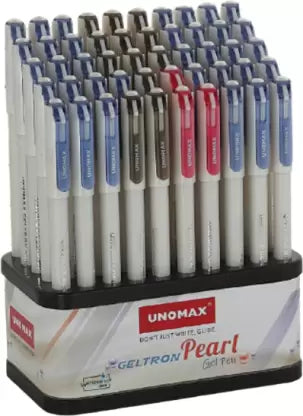 UNOMAX Geltron Pearl White Body Gel Pen (Pack of 50, Ink Color - Blue, Black, Red)