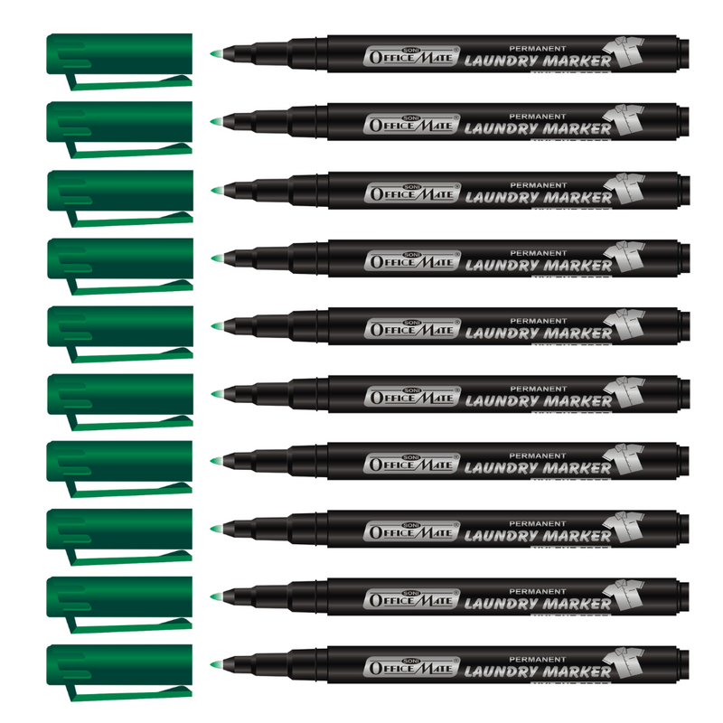 Soni Officemate Fine Tip Laundry Markers Pen - Pack of 10 (Green)