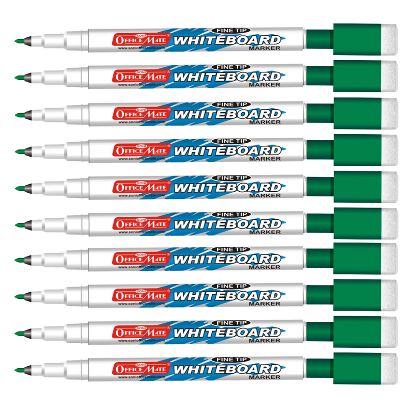 Soni Officemate Fine Tip Whiteboard Marker with Duster On Cap - Pack of 10 (Green)