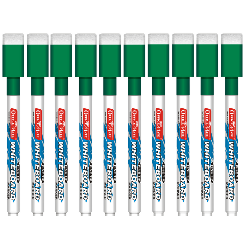Soni Officemate Fine Tip Whiteboard Marker with Duster On Cap - Pack of 10 (Green)