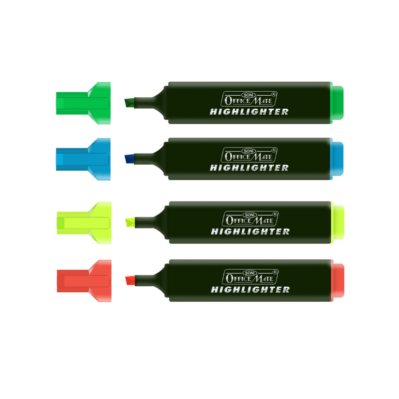 Soni Officemate Hi-Lighter Textliner | Easily Applicable Highlighters | School & Office Stationery - Pack of 4 , Multicoloured