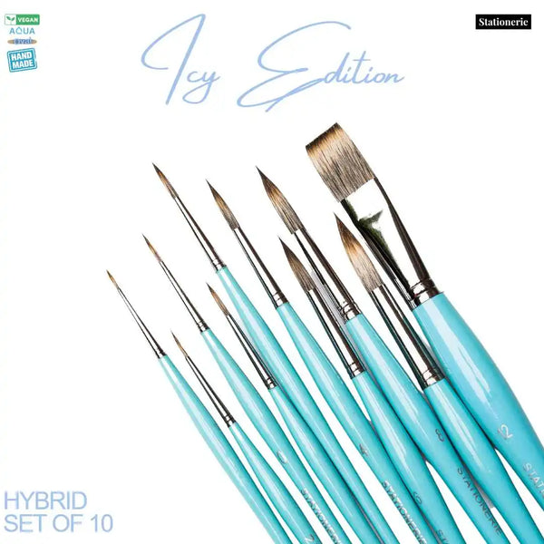 Stationerie Handcrafted Signature Hybrid Set Of 10 Icy Blue Brushes (2nd Gen Aquasync Bristle & Oval Grip Handle)