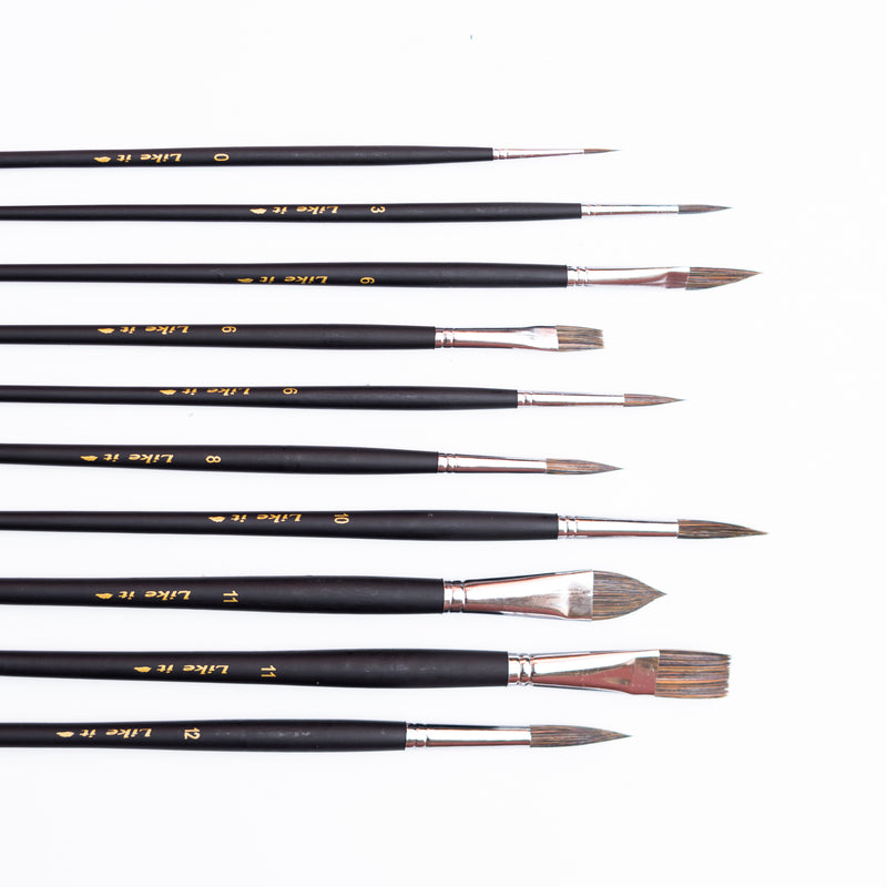 Like it Watercolor Brush Set - 10 Professional Vegan Handmade Watercolor Paint Brushes for Artists - Soft Synthetic Hair, Long Handles: Pointed Rounds, Flats, Daggers, Oval Wash