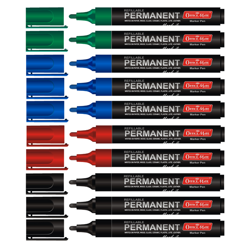 Soni Officemate Permanent Marker - Pack of 10 (Assorted Colours -Black, Blue, Red, Green)