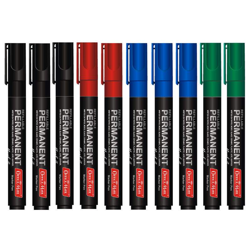Soni Officemate Permanent Marker - Pack of 10 (Assorted Colours -Black, Blue, Red, Green)