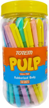 TOTEM Pulp Ball Pens Jar | 50 Pens (45 Blue Ink & 5 Black Ink) | Assorted Pastel Body | Pens for Writing | 0.7 mm Tip | Fragrance Ink | Rubberized Grip | Stationery Set | Stick Pens Set