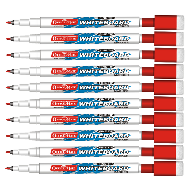 Soni Officemate Fine Tip Whiteboard Marker with Duster On Cap - Pack of 10 (Red)