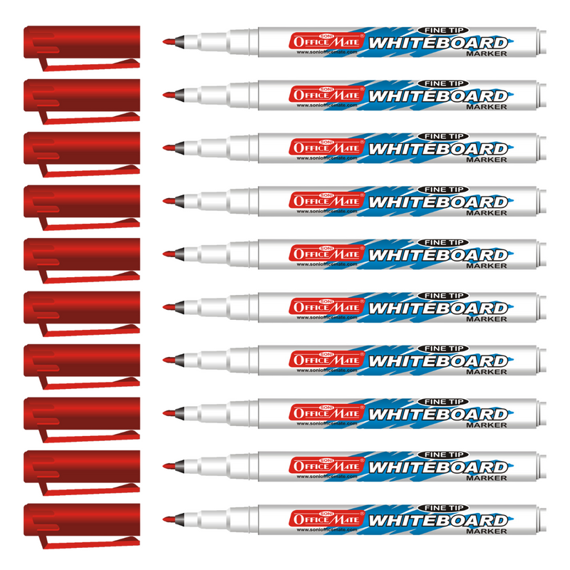 Soni Officemate Slim Whiteboard Marker, Red - Pack of 10