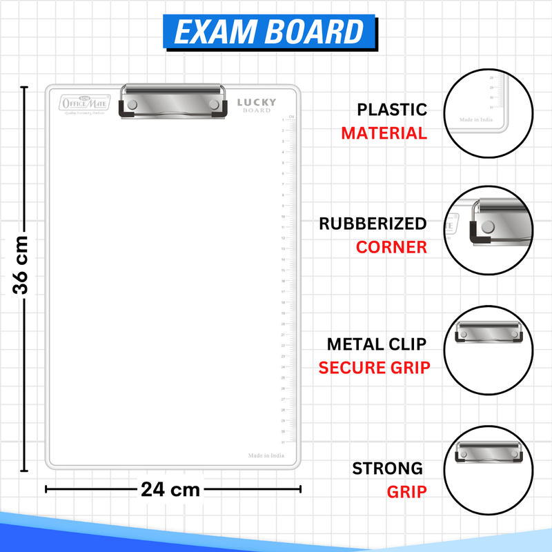 Soni OfficeMate Topper Exam Kit - All The Best | Multi-product kit | Premium transparent exam board | 30 cm scale | 2 pencils | 2 pens | Geometry Box | Pack of 7 items