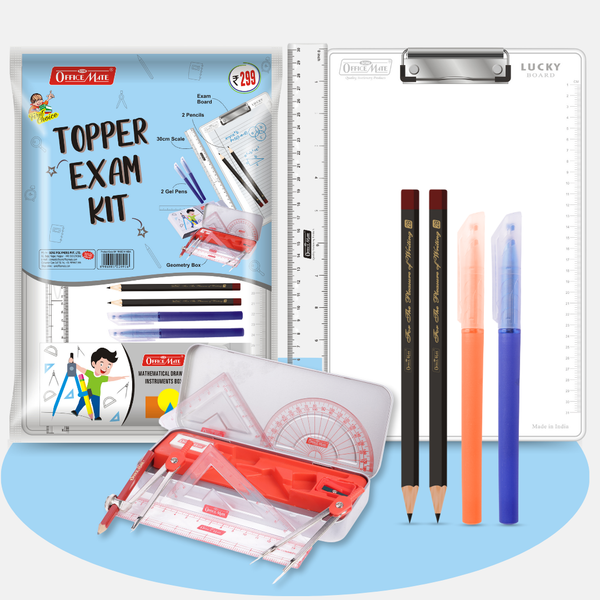 Soni OfficeMate Topper Exam Kit - All The Best | Multi-product kit | Premium transparent exam board | 30 cm scale | 2 pencils | 2 pens | Geometry Box | Pack of 7 items