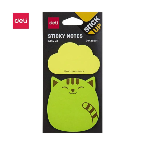 Deli WA55002 Sticky Notes, 2 x 20 Sheets, 80 gsm, 76x76mm, Green and Yellow Shape Cloud, Pack of 1