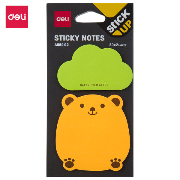 Deli WA55002 Sticky Notes, 2 x 20 Sheets, 80 gsm, 76x76mm, Yellow and Green Shape Cloud, Pack of 1