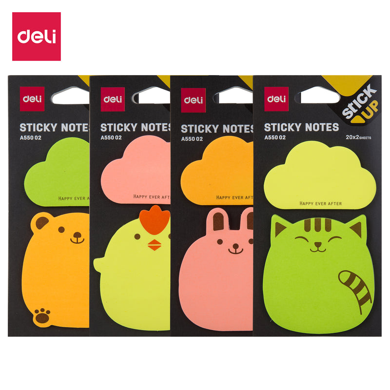Deli WA55002 Sticky Notes, 2 x 20 Sheets, 80 gsm, 76x76mm, Green and Yellow Shape Cloud, Pack of 1