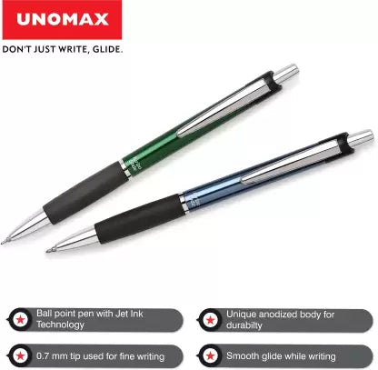 UNOMAX Turbo Glide Anodized Body Retractable Ball Pen (Pack of 10, Ink Color - Blue)