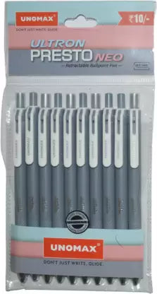 UNOMAX Ultron Presto Neo Retractable Ball Pen (Pack of 10, Ink Color - Black)