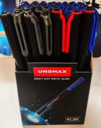 UNOMAX Liquid Ball Point Ball Pen (Pack of 50, Ink Color - Blue, Black, Red)