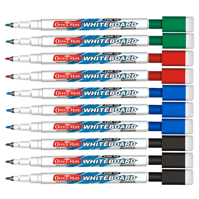 Soni Officemate Fine Tip Whiteboard Marker with Duster On Cap - Pack of 10 (Assorted colour)