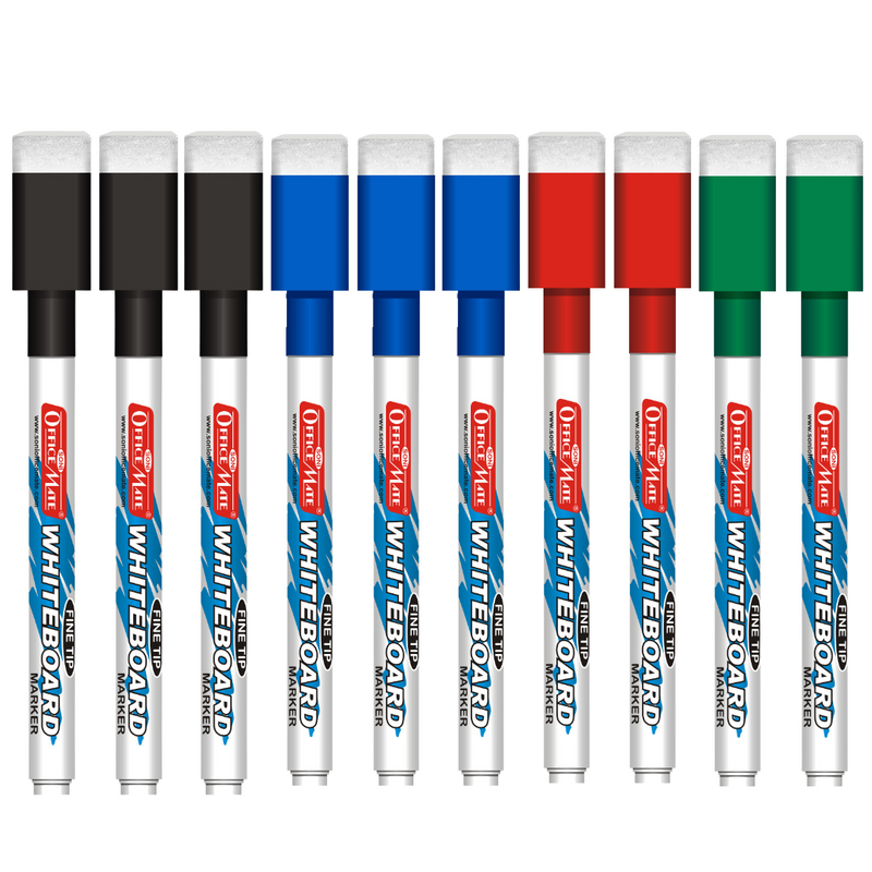 Soni Officemate Fine Tip Whiteboard Marker with Duster On Cap - Pack of 10 (Assorted colour)