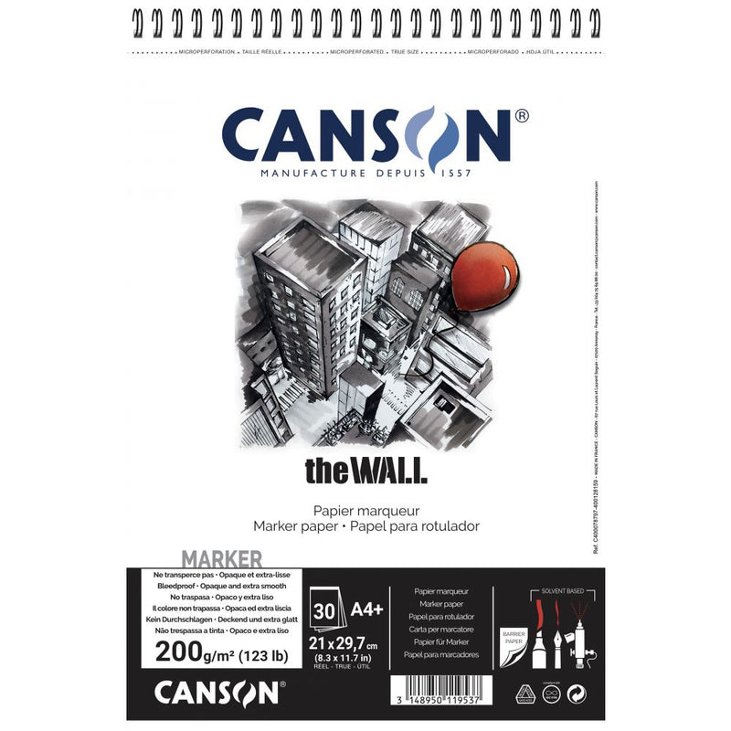 Canson The Wall 220 GSM Extra Smooth Texture A4+, 21 x 31.4 cm Marker Paper Spiral Pad (White, 30 Sheets)