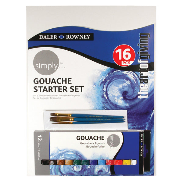 Daler Rowney Simply 16Pcs Gouache Starter Set with 3 Brushes & 1 Canvas (12 x 12ml Gouache Tubes, Multicolor)