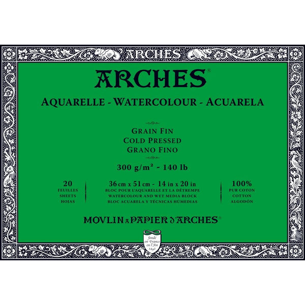 Arches Watercolour- Aquarelle - 36 cm x 51 cm Natural White Fine Grain/Cold Press 300 GSM Paper, 4 Side Glued Pad of 20 Sheets