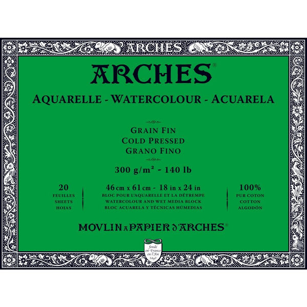 Arches Watercolour- Aquarelle - 46 cm x 61 cm Natural White Fine Grain/Cold Press 300 GSM Paper, 4 Side Glued Pad of 20 Sheets