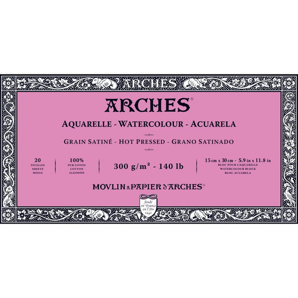Arches Watercolour 300 GSM Hot Pressed Natural White 15 x 30 cm Paper Blocks, 20 Sheets