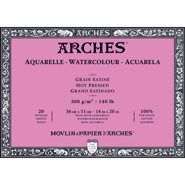Arches Watercolour- Aquarelle - 36 cm x 51 cm Natural White Satin Grain/Hot Press 300 GSM Paper, 4 Side Glued Pad of 20 Sheets