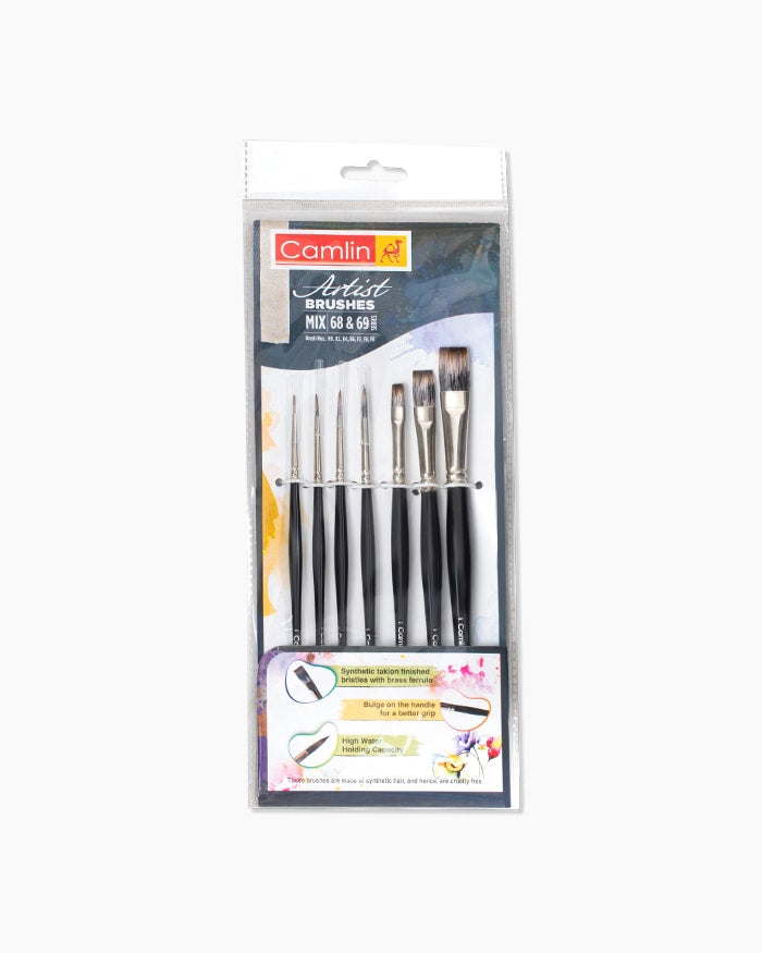 Camlin Artist Brushes Assorted pack of 7 brushes, Round - Series 68 & Flat - Series 69
