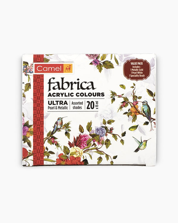 Camel Fabrica Acrylic Colours Assorted pack of 20 shades in 15ml with Brush, Ultra, Pearl, and Metallic ranges
