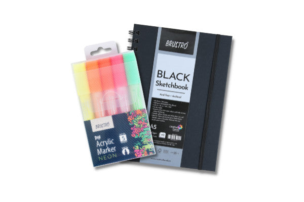 Brustro Acrylic (DIY) Marker Set of 5-Fluroscent Shade with Black Sketchbook