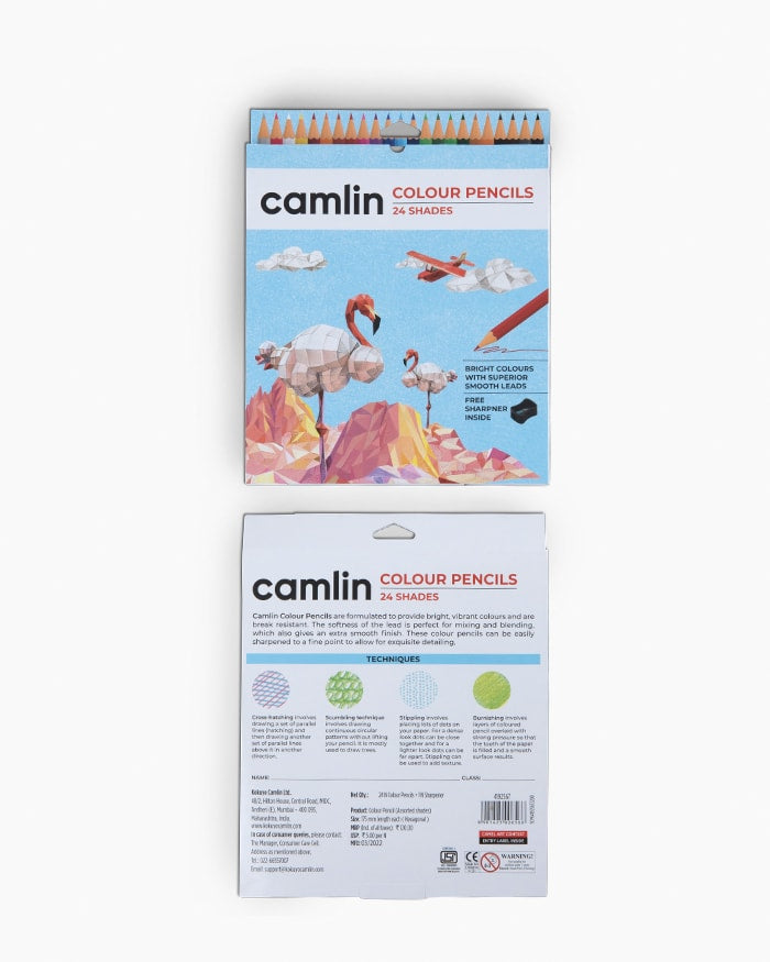 Camlin Colour Pencils- Assorted 24 Shades with Sharpener, Full Size