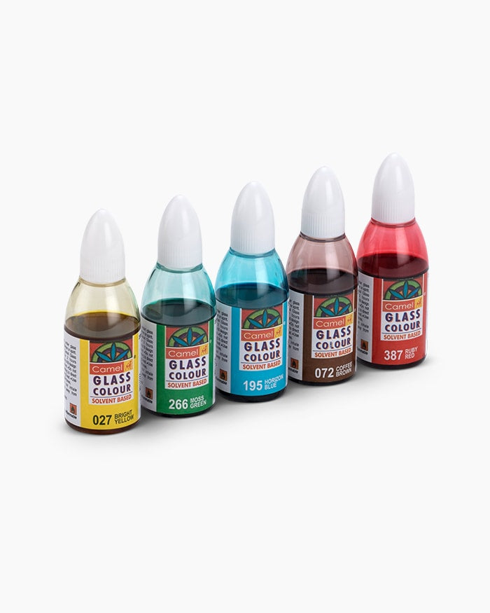 Camel Glass Colours Assorted Pack of 5 Shades in 20ml with Medium and Glass Liner, Solvent based