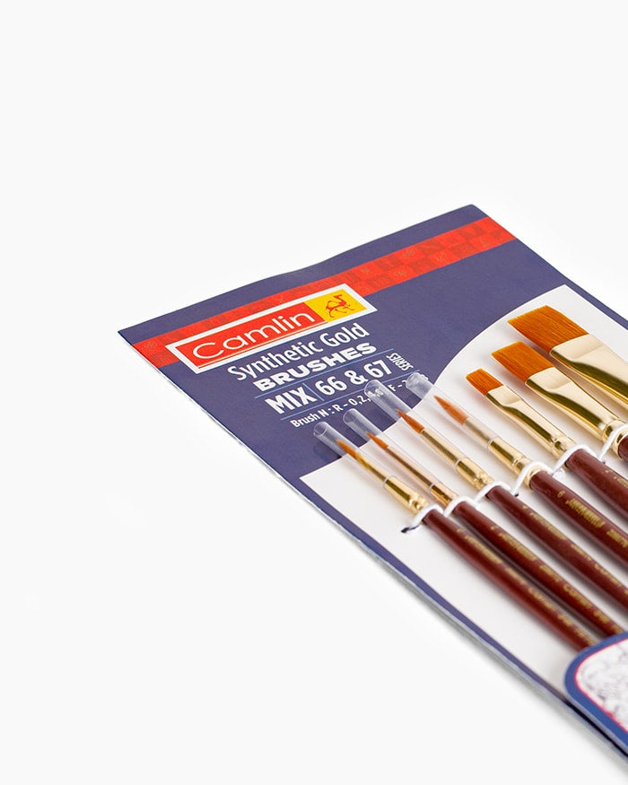 Camlin Synthetic Gold Brushes Assorted pack of 7 brushes, Round - Series 66 & Flat - Series 67