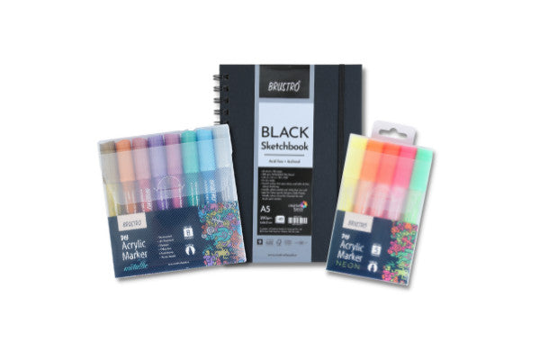 Brustro Acrylic (DIY) Marker Set of 8 (Metallic Shades) & Acrylic (DIY) Marker Set of 5(Neon Shades) with Black Sketchbook