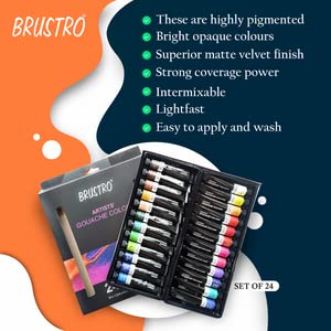 Brustro Artists Gouache Colour Set of 24 (12ML Tubes Each) + Synthetic Brush Set of 15 + Drawing Pad 200 GSM Wiro Bound.