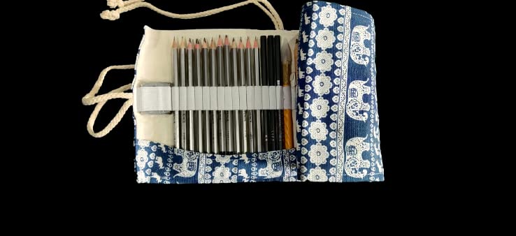 27 Pieces Professional Sketching Pencils 12 pc & Clutch Eraser Pen 1pc with Paper Stump 6 pcs, White Charcoal Pencils 3 pc,1 kneaded Eraser(with 51 Slots Elephant Print Rolling Pouch)
