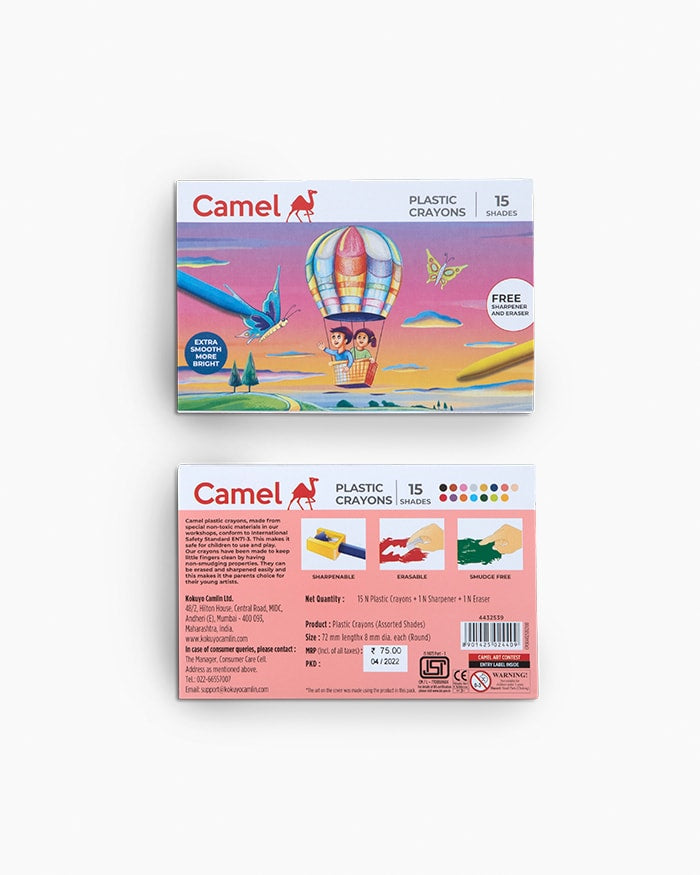 Camel Plastic Crayons: Assorted Pack of 15 Shades, Round Pack of 2