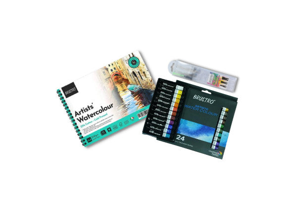 Brustro Artist’ Watercolour Set of 24 with Watercolour Pad 25% A4 300 GSM Wiro & Aqua Squeeze Watercolor Brush Pen Set