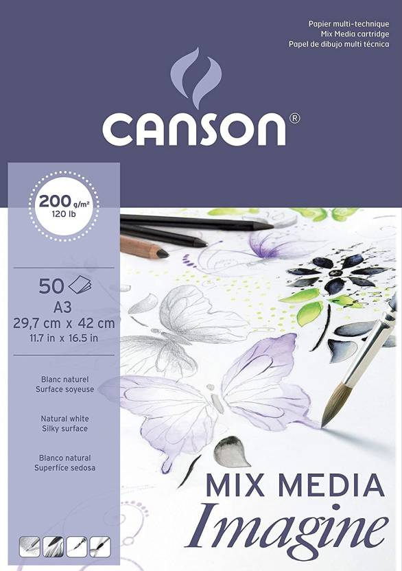 Canson Imagine A3 Pure White Light Grain 200 GSM Drawing Paper, Short Side Glued ( Size-29.7 x 42 cm, Pad of 50 Sheets)