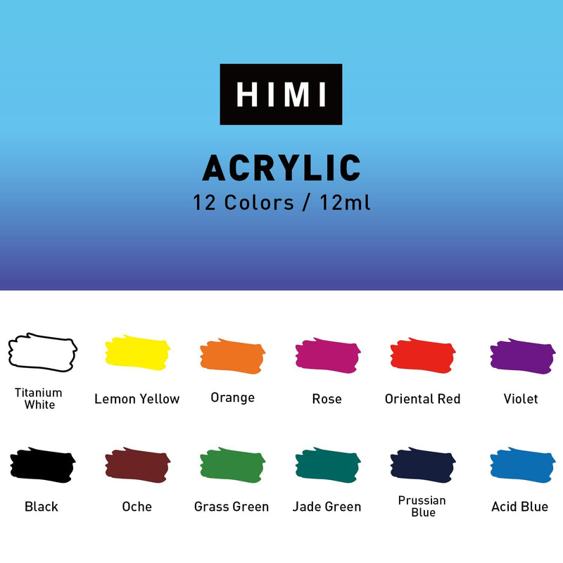 HIMI Acrylic Paint, Set of 12 Tubes of 0.4 oz (12 mL) Art Set for Adults and Kids, Painting on Canvas Panels, River Rocks, Glass, Wood, Fabric, Ceramic