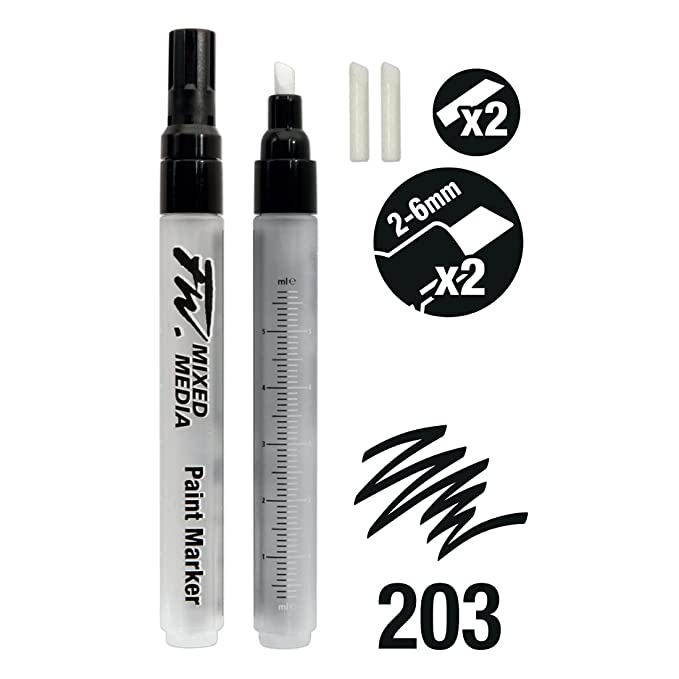 Daler-Rowney FW 2-6mm Mixed Media Paint Marker Set (2 x Medium Barrels, Empty Marker, Refillable, Chisel Nibs, 203 Medium)