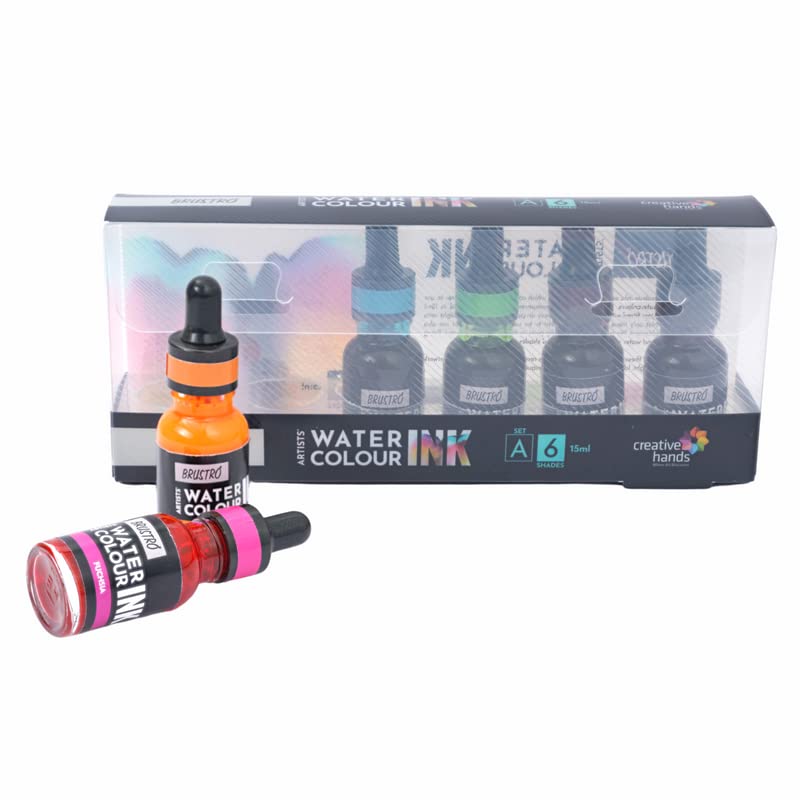 Brustro Watercolour Ink Set A of 6 x 15ml (6 Shades i.e. Fuchsia, Neon Orange, Aquamarine, Spring Green, Chocolate, Black)