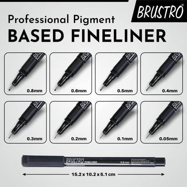 Brustro Professional Pigment Based Fineliner - Set of 8 Technical Pen (Black)