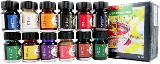 Camlin Pack of 12 Coloured Drawing Inks in 20 ml Bottles