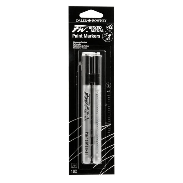 Daler-Rowney FW 1-2mm Mixed Media Paint Marker Set (2 x Small Barrels, Empty Marker, Refillable, Hard Point Nibs, 102 Small)